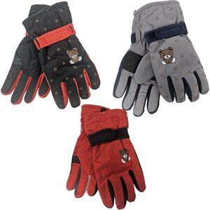 Boys Girls Winter Ski Gloves w/ Bear Print Lined Hook & Loop Waterproof, 3 Pairs